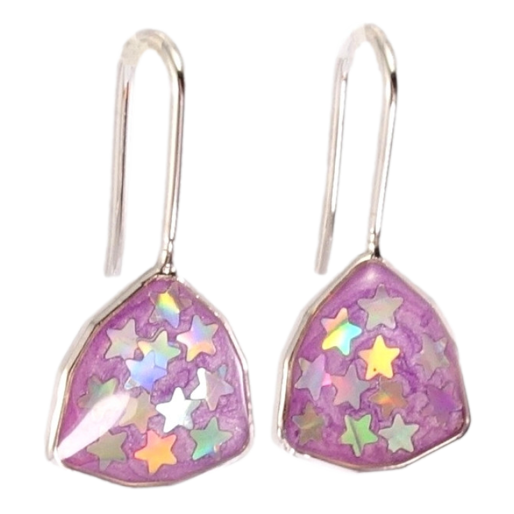 Серьги Xuping Родий французский замок Фигурные с сиреневой эмалью и звездочками на дужках фото №2