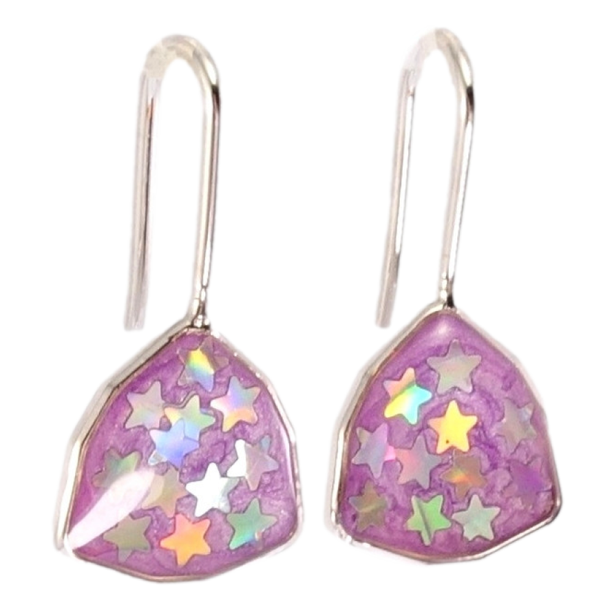 Серьги Xuping Родий французский замок Фигурные с сиреневой эмалью и звездочками на дужках фото №1