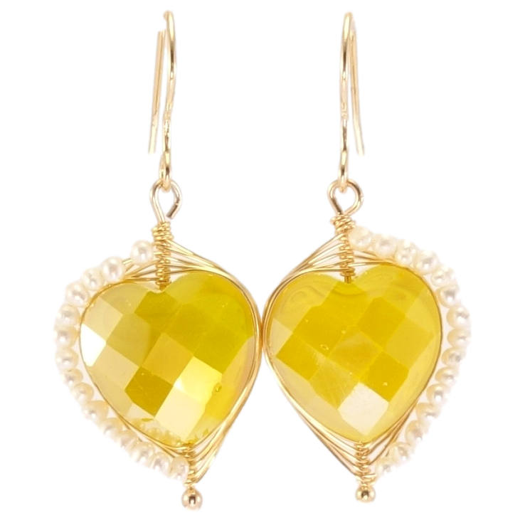 Серьги Xuping Позолота 18K подвески французский замок Желтые сердечки с мелкими жемчужными бусинами фото №6