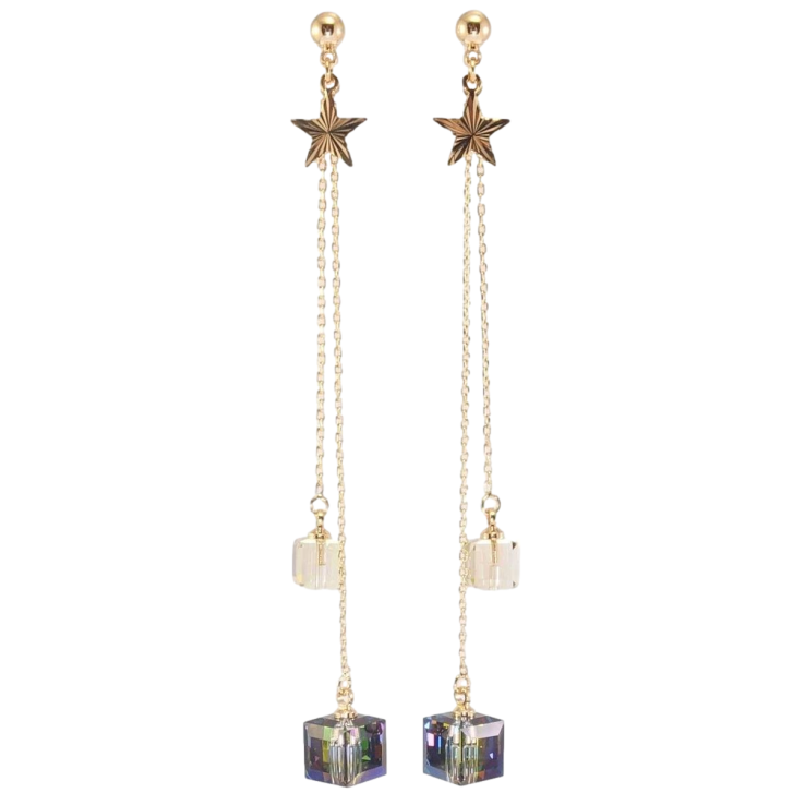 Сережки Xuping колір 18K з кристалами Swarovski пусети Кубики кришталеві на ланцюжках із зірками фото №24