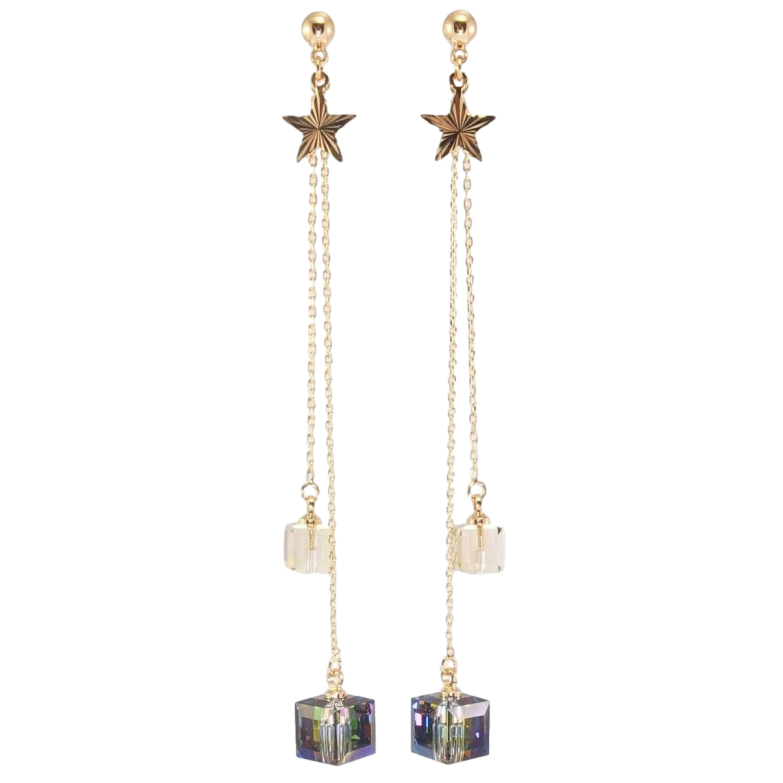 Серьги Xuping цвет 18K с кристаллами Swarovski пусеты Кубики кристальные на цепочках с звездами фото №15