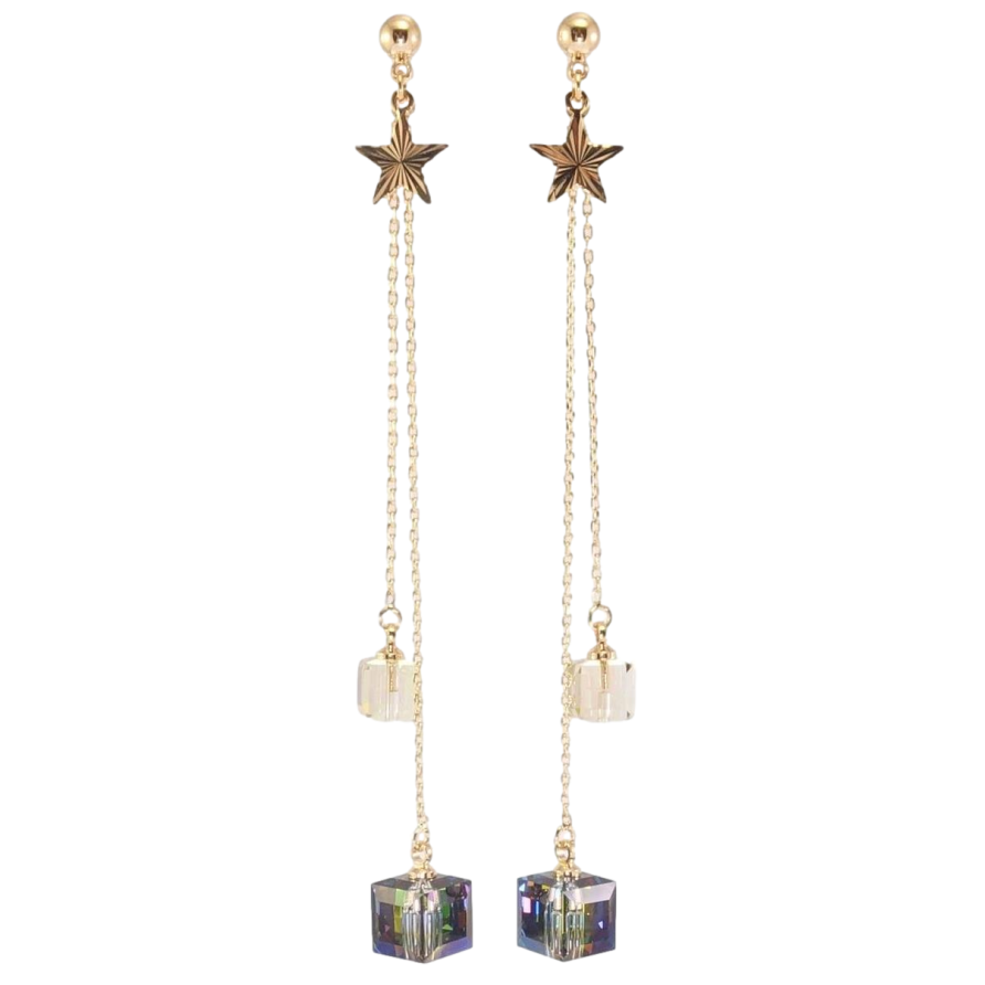 Сережки Xuping колір 18K з кристалами Swarovski пусети Кубики кришталеві на ланцюжках із зірками фото №1