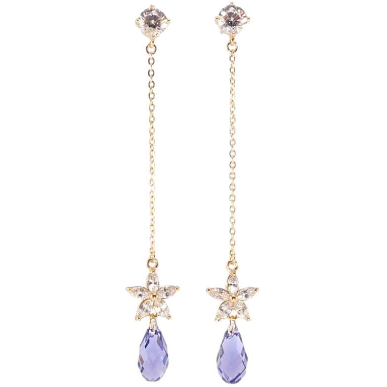 Сережки Xuping колір 18K з кристалами Swarovski пусети Квіточки з кристалами Tanzanite на ланцюжках фото №1