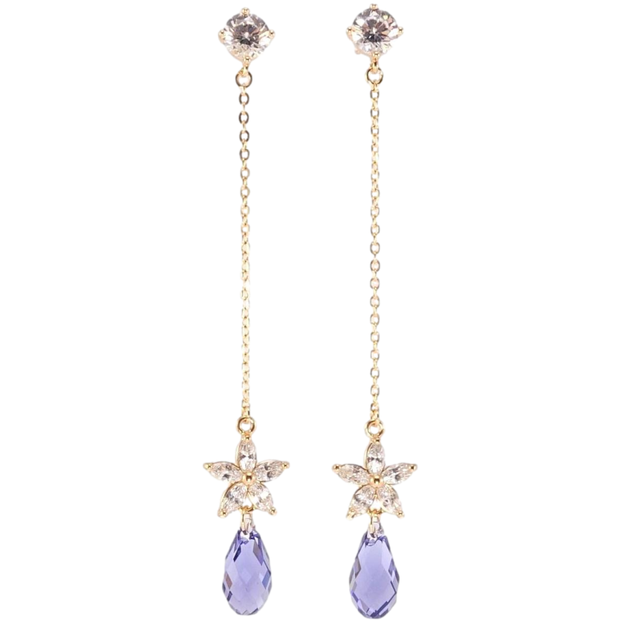 Сережки Xuping колір 18K з кристалами Swarovski пусети Квіточки з кристалами Tanzanite на ланцюжках фото №1