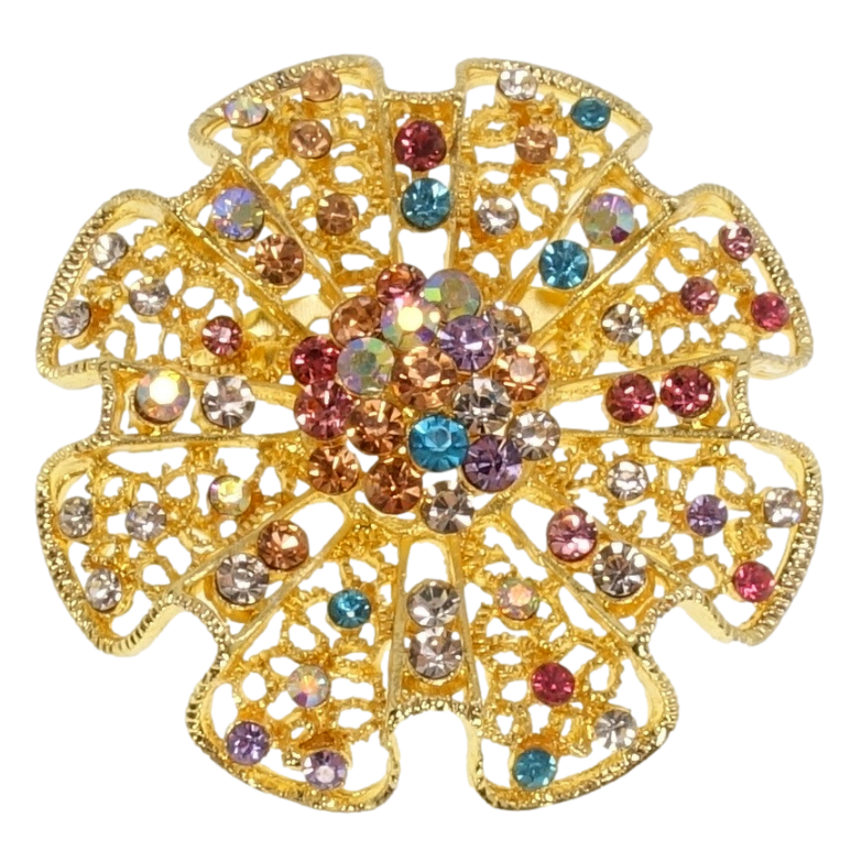 Брошка Ажурна квітка з кольоровими стразами фото №1 Брошка Ажурна квітка з кольоровими стразами фото №1