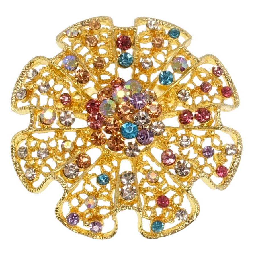 Брошь Ажурный цветок с цветными стразами фото №1 Брошь Ажурный цветок с цветными стразами фото №1