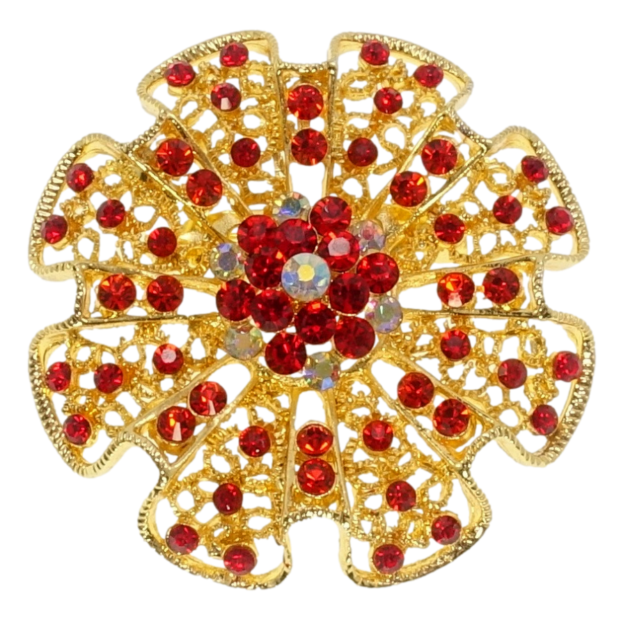 Брошка Ажурна квітка з червоними стразами фото №1 Брошка Ажурна квітка з червоними стразами фото №1