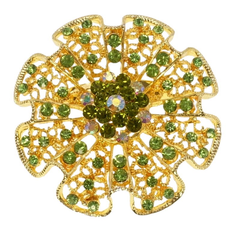 Брошь Ажурный цветок с зелеными стразами фото №1 Брошь Ажурный цветок с зелеными стразами фото №1