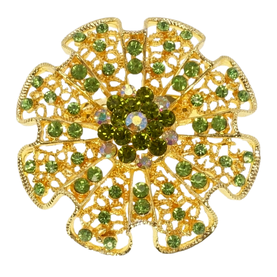 Брошь Ажурный цветок с зелеными стразами фото №1 Брошь Ажурный цветок с зелеными стразами фото №1