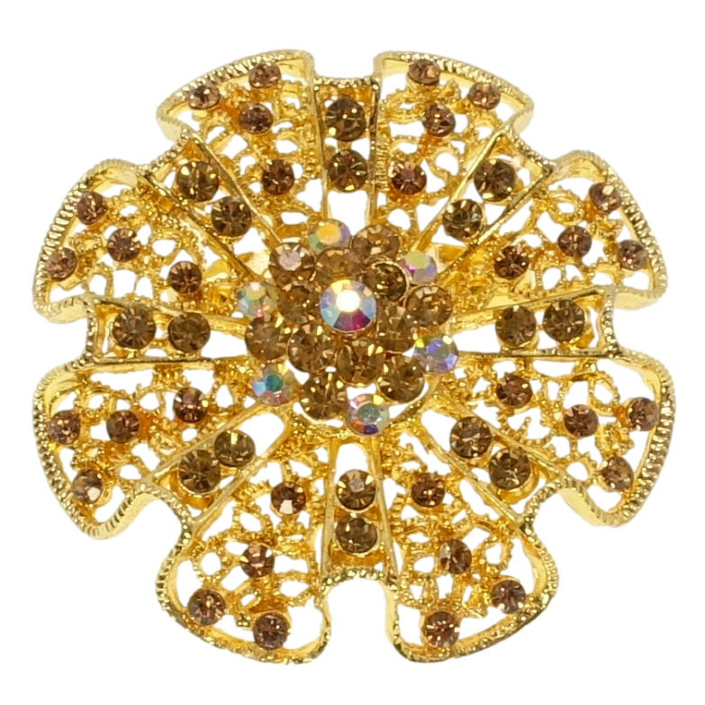 Брошка Ажурна квітка із золотистими стразами фото №1 Брошка Ажурна квітка із золотистими стразами фото №1