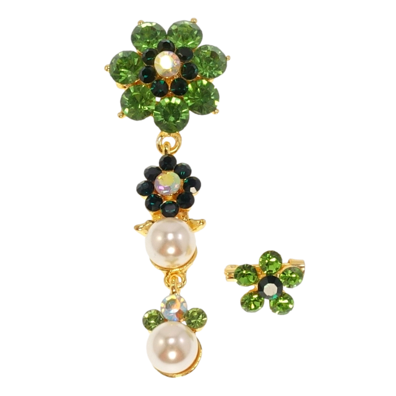 Набор из 2 брошек Зеленые кристальные цветочки с подвеской фото №1