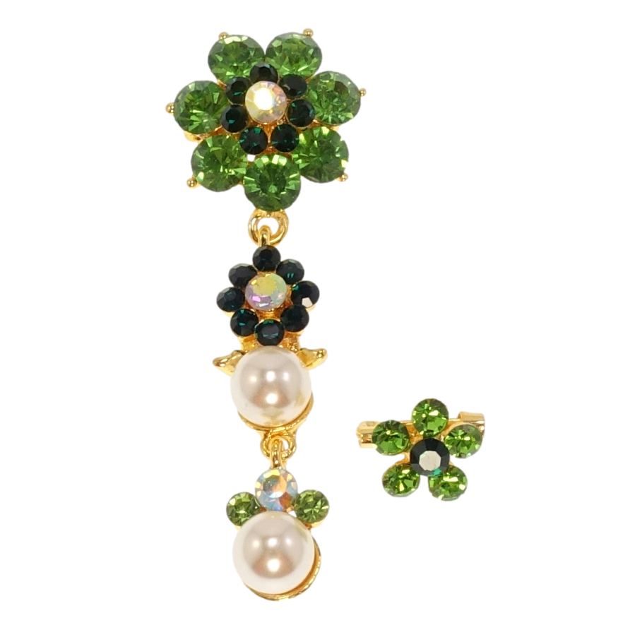 Набор из 2 брошек Зеленые кристальные цветочки с подвеской фото №1