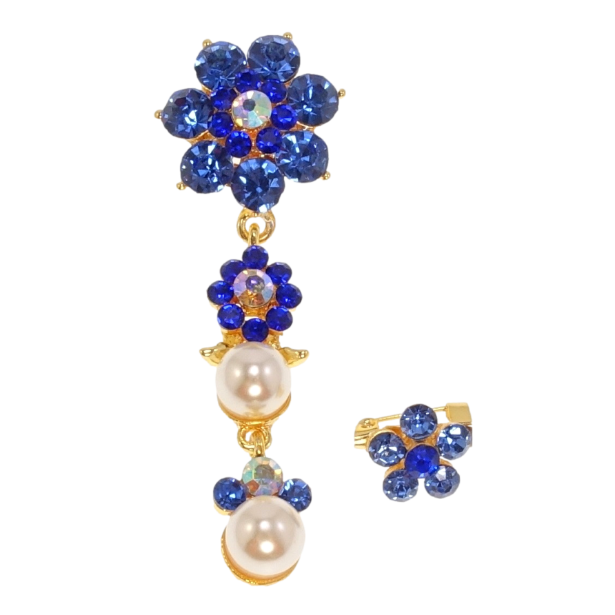 Набор из 2 брошек Синие кристальные цветочки с подвеской фото №1