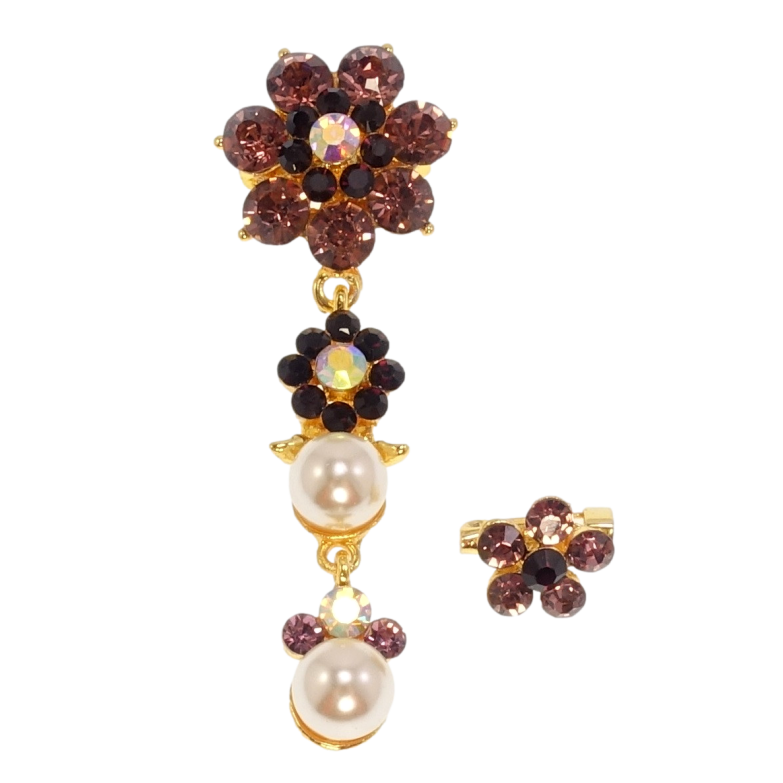 Набор из 2 брошек Бордовые кристальные цветочки с подвеской фото №11