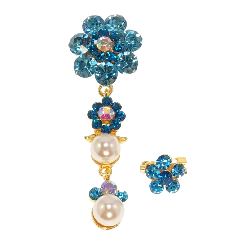 Набор из 2 брошек Бирюзовые кристальные цветочки с подвеской фото №1
