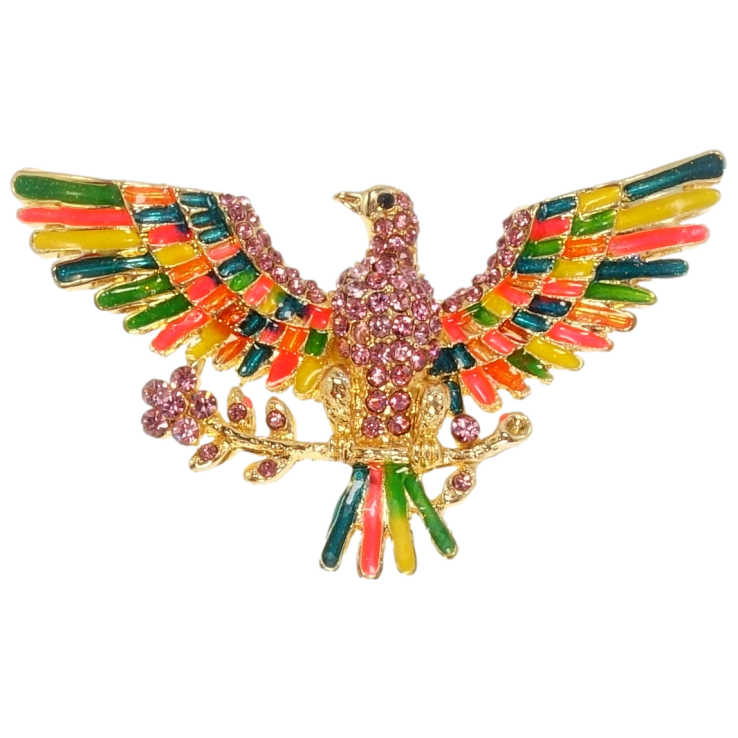 Брошка-Кулон Птах з кольоровою емаллю та рожевими стразами фото №14