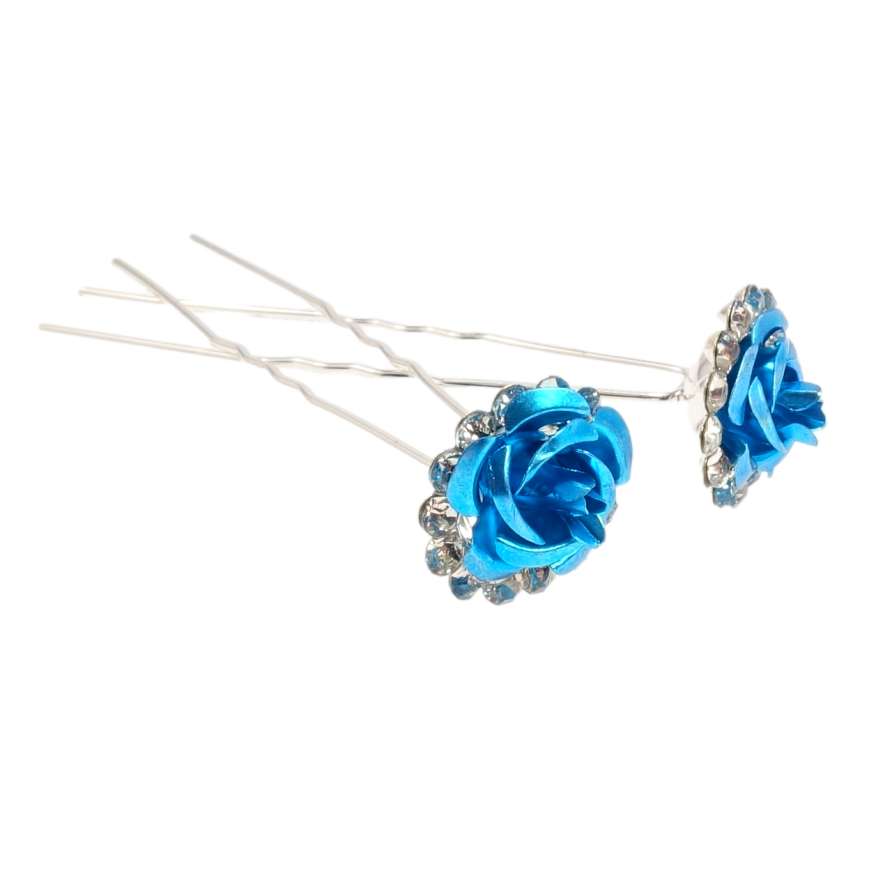 Шпилька для волосся Блакитна троянда в обрамленні страз ø 18мм (ціна за одну штуку) фото №1