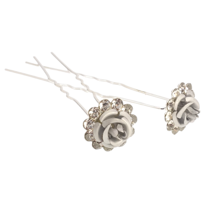Шпилька для волосся Срібна троянда в обрамленні страз ø 14мм (ціна за одну штуку) фото №1