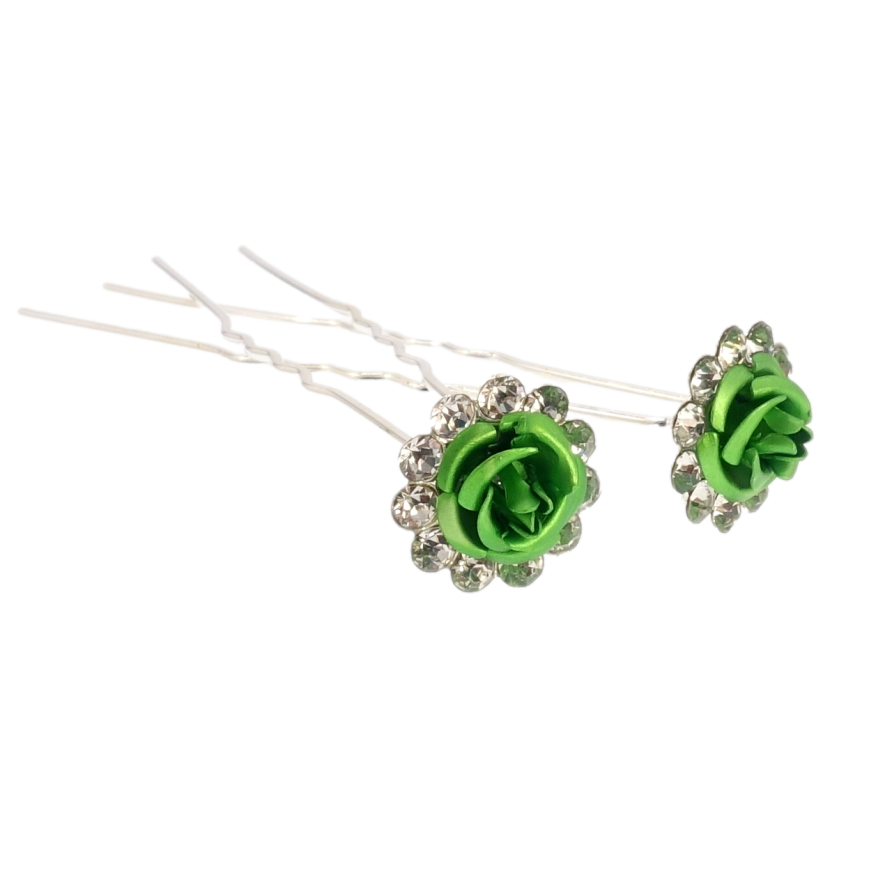Шпилька для волосся Зелена троянда в обрамленні страз ø 14мм (ціна за одну штуку) фото №1