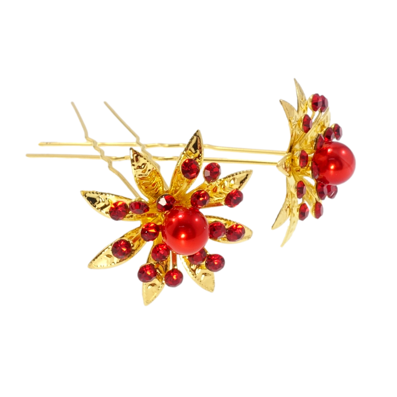 Шпилька для волосся Золота квітка з червоними стразами (ціна за одну штуку) фото №1