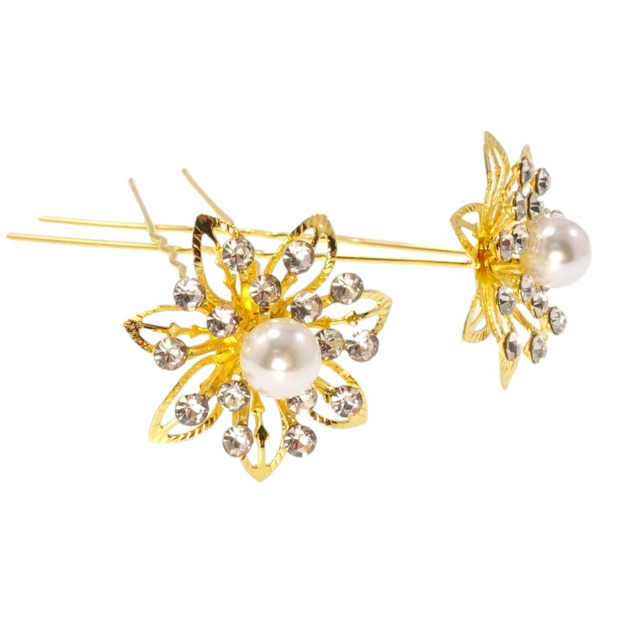 Шпилька для волосся Золота квітка зі стразами та перлиною (ціна за одну штуку) фото №1
