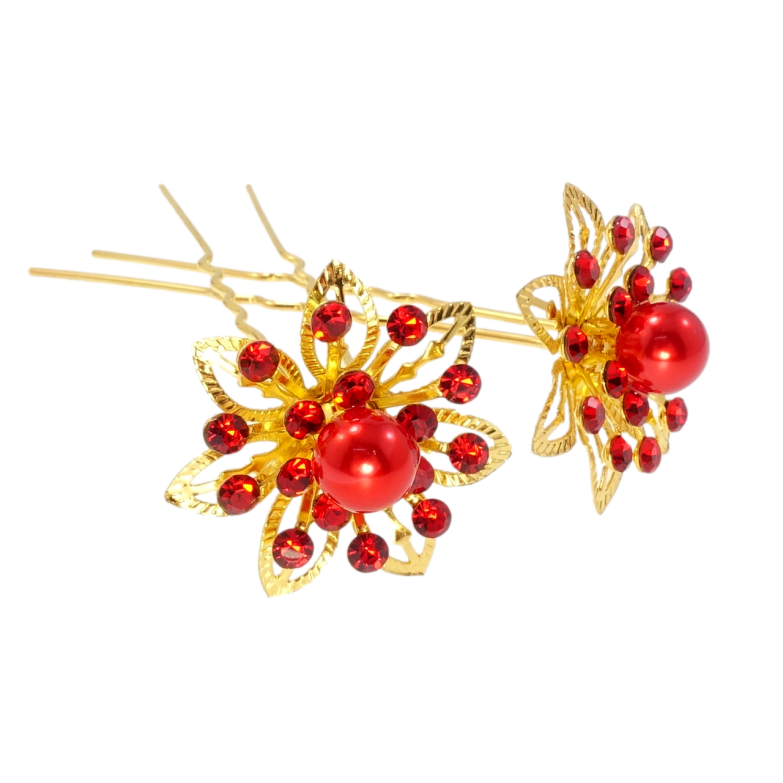 Шпилька для волосся Золота квітка з червоними стразами (ціна за одну штуку) фото №14