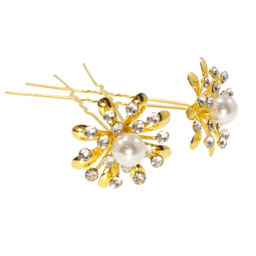Шпилька для волос Золотистый цветок с стразами и жемчужиной (цена за одну штуку) фото №1