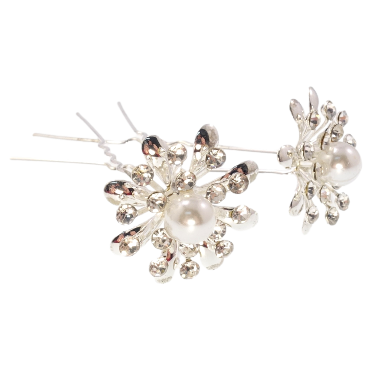Шпилька для волосся Срібляста квітка зі стразами та перлиною (ціна за одну штуку) фото №22