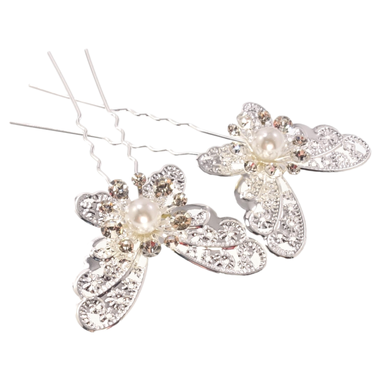 Шпилька для волос Серебристая бабочка с стразами и жемчужиной (цена за одну штуку) фото №1