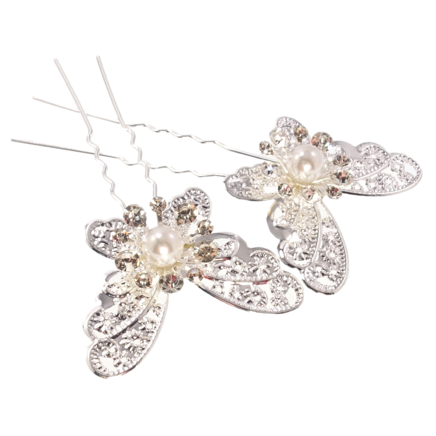Шпилька для волосся Сріблястий метелик з стразами та перлиною (ціна за одну штуку) фото №1