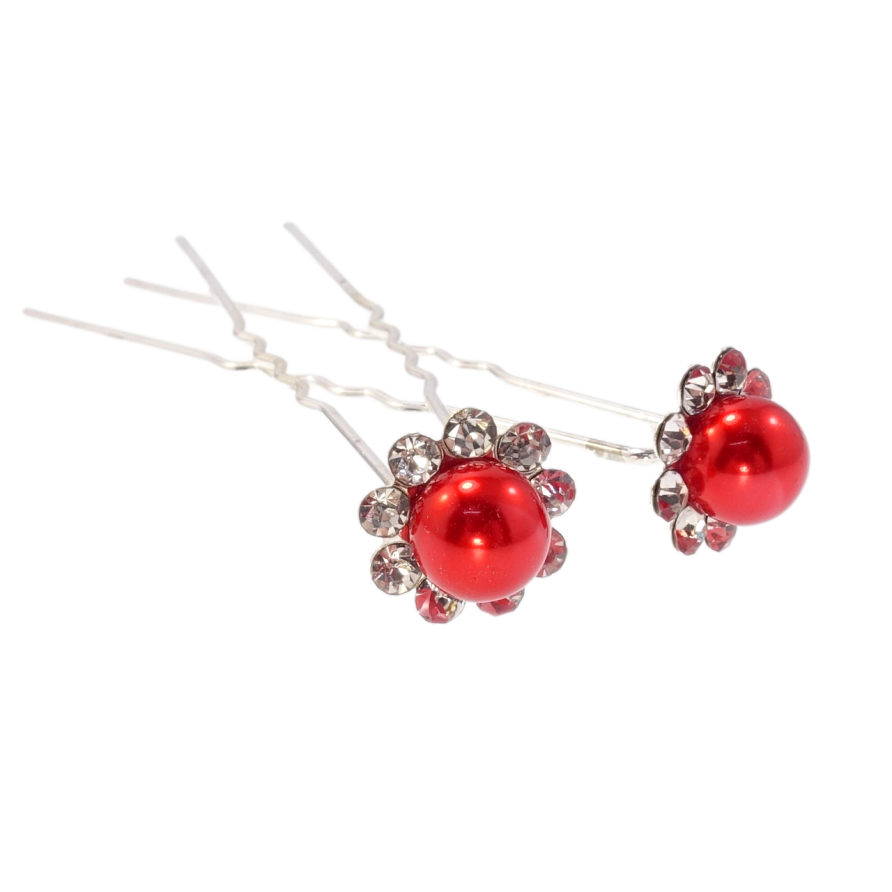 Шпилька для волосся Червона квітка в обрамленні страз ø 13мм (ціна за одну штуку) фото №1