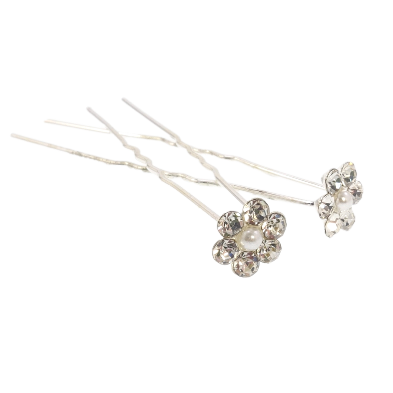 Шпилька для волосся Квітка зі страз та перламутрової намистини ø 11мм (ціна за одну штуку) фото №1