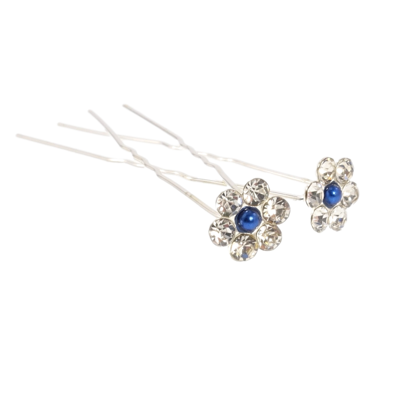 Шпилька для волосся Квітка зі страз та синьої намистини ø 11мм (ціна за одну штуку) фото №1 Шпилька для волосся Квітка зі страз та синьої намистини ø 11мм (ціна за одну штуку) фото №1
