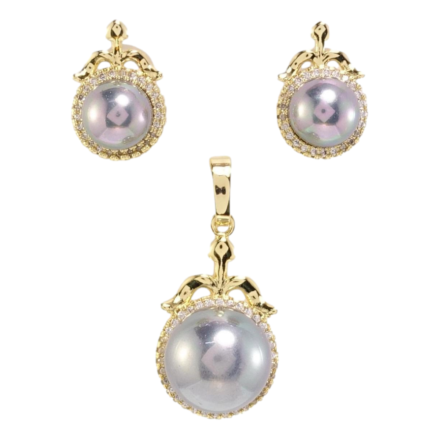 Набір Xuping Позолота 14K Сережки Кулон Сірі перлини в обрамленні цирконію фото №1