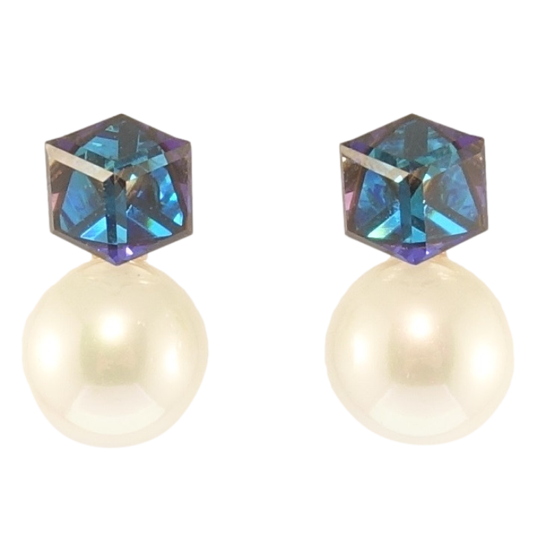 Серьги Xuping цвет 18K с кристаллами Swarovski пусеты Кристальный куб Bermuda Blue с жемчугом фото №7