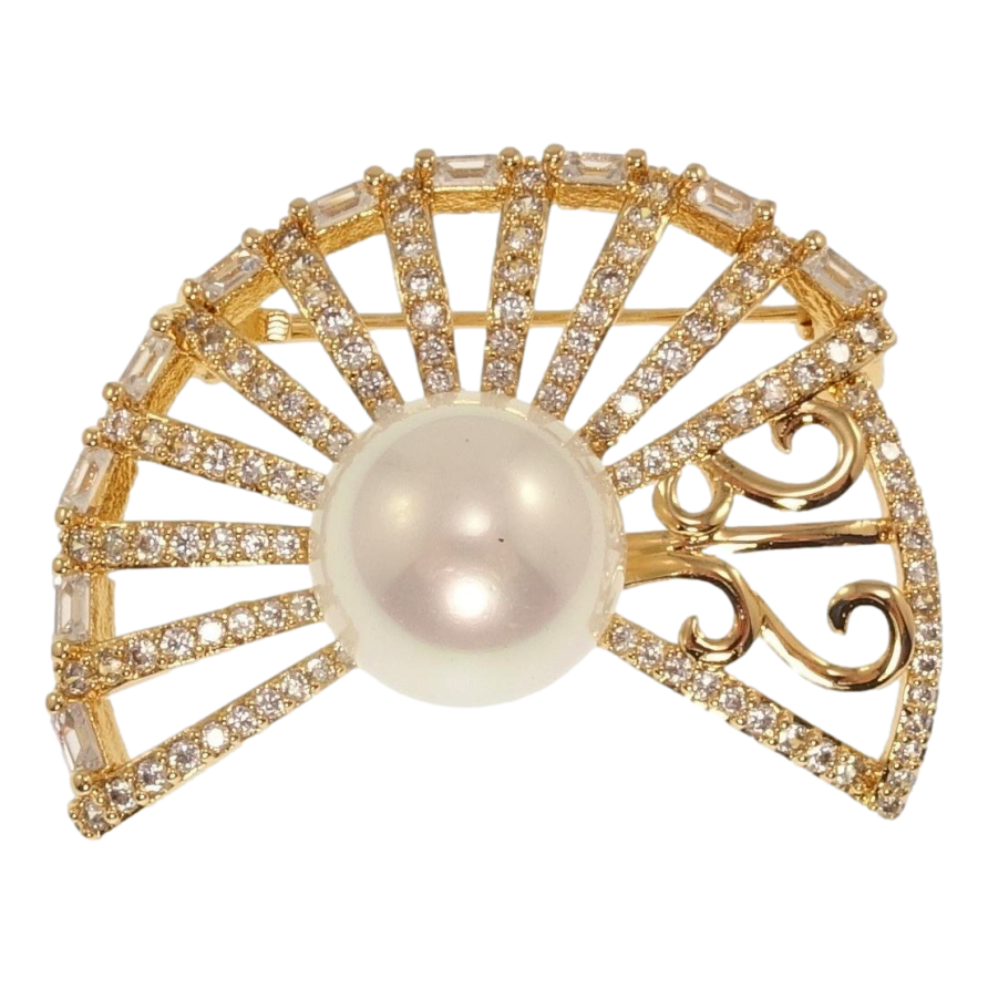 Брошка Xuping Позолота 18K Віяло інкрустація цирконієм з перлиною фото №1