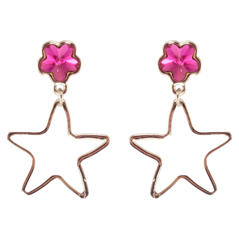 Сережки Xuping колір Родій з кристалами Swarovski пусети Зірочки з кристалами Fuchsia фото №1