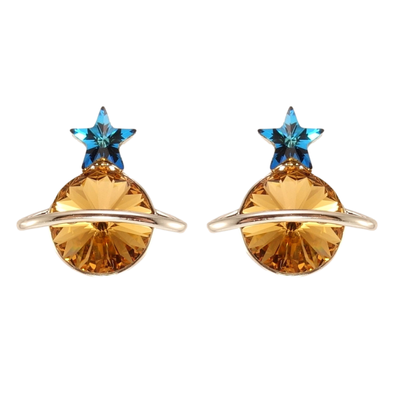 Серьги Xuping цвет Родий с кристаллами Swarovski пусеты Сатурн кристаллы Copper и Capri Blue фото №1