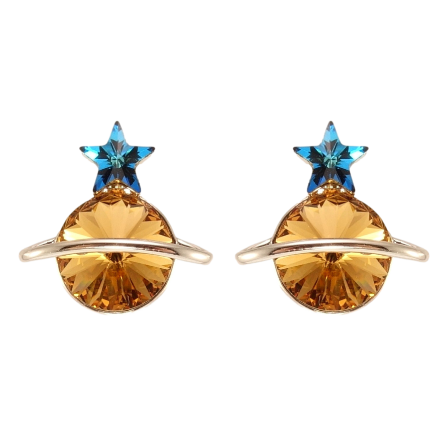 Серьги Xuping цвет Родий с кристаллами Swarovski пусеты Сатурн кристаллы Copper и Capri Blue фото №1