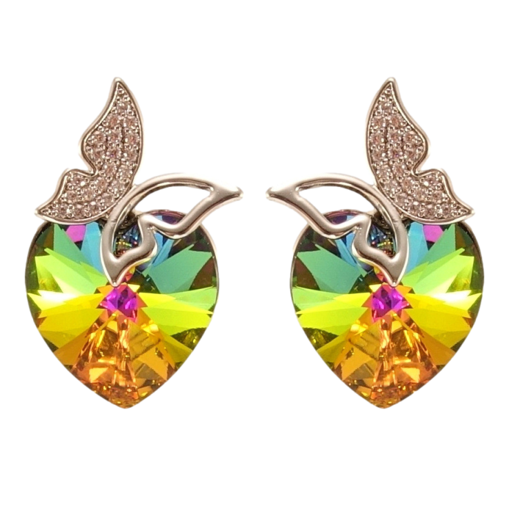 Сережки Xuping колір Родій з кристалами Swarovski пусети Сердечка Vitrail Medium з метеликами фото №5