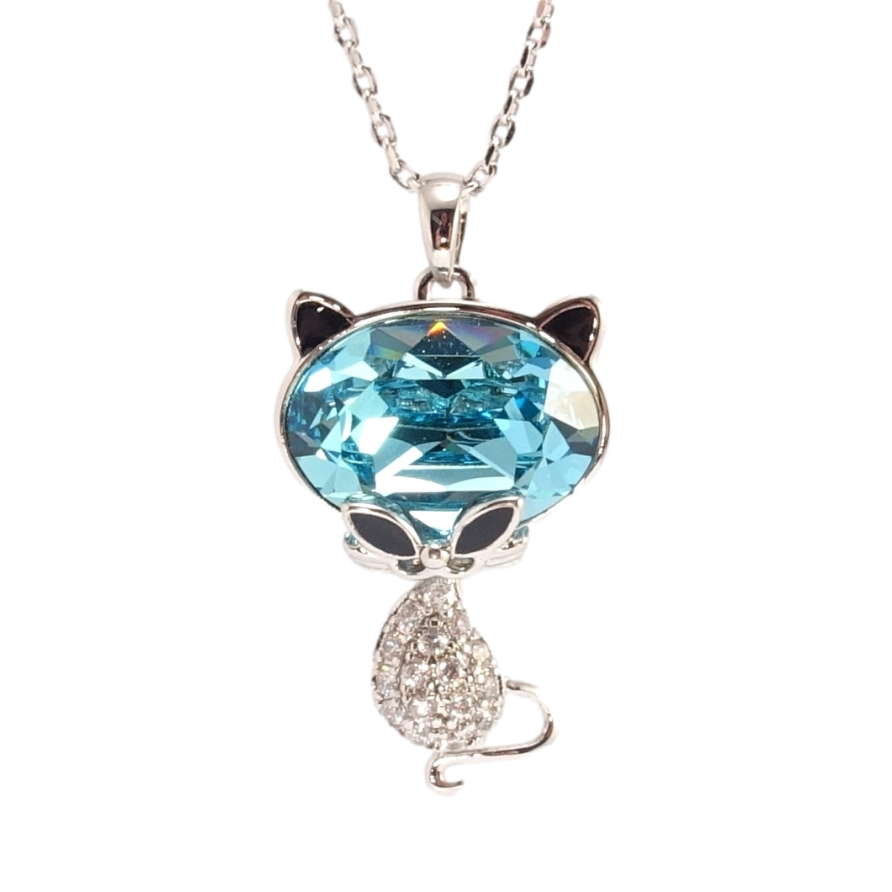 Кулон Xuping колір Родій з кр-ми Swarovski на ланцюжку Кішка з кристалом Light Turquoise дл. 40-45см х фото №1