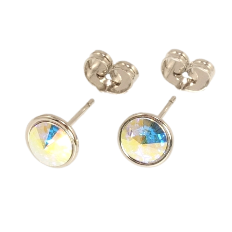 Серьги Xuping цвет Родий с кристаллами Swarovski пусеты Кристалл АВ в ободковой оправе ø 8мм фото №1