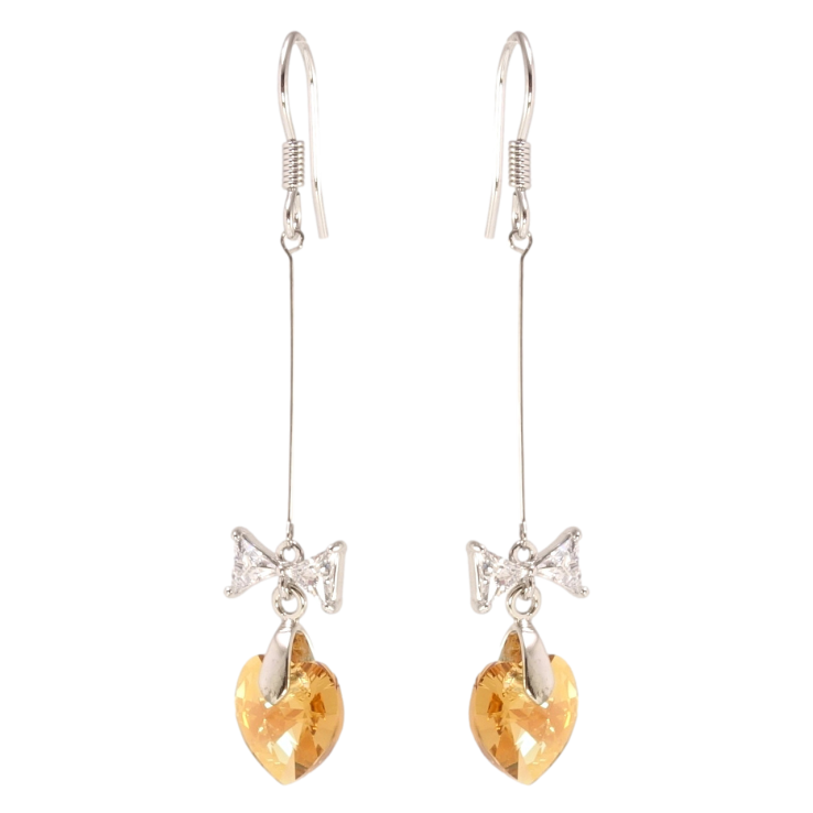 Серьги Xuping цвет Родий с кристаллами Swarovski французский замок Кристальные сердечки Topaz с бантами фото №3