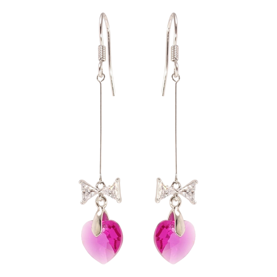 Серьги Xuping цвет Родий с кристаллами Swarovski французский замок Кристальные сердечки Fuchsia с бантами фото №1
