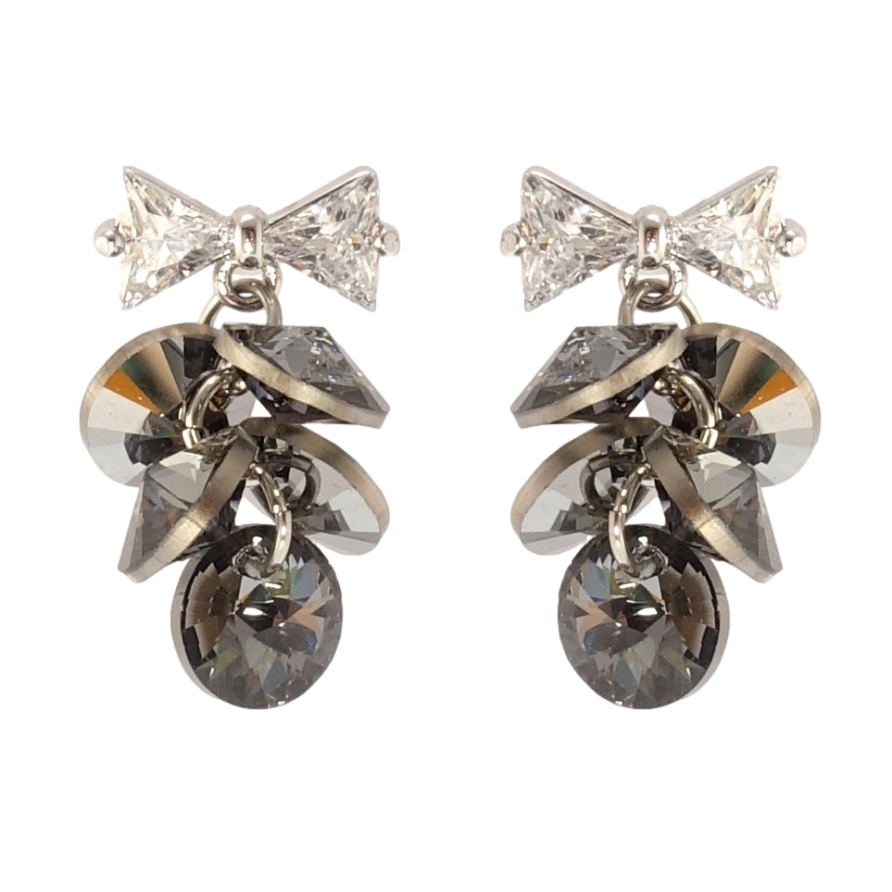 Серьги Xuping цвет Родий с кристаллами Swarovski пусеты Бантики с кристальными гроздьями Graphite фото №1