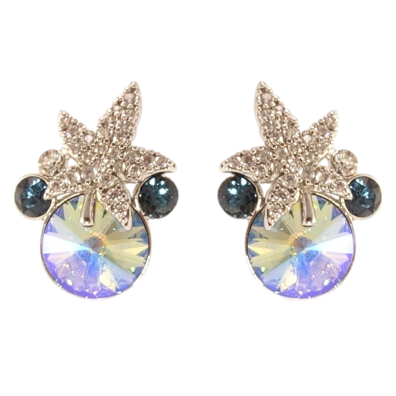 Серьги Xuping цвет Родий с кристаллами Swarovski пусеты Кристаллы Montana и Luminous Green с листом фото №1