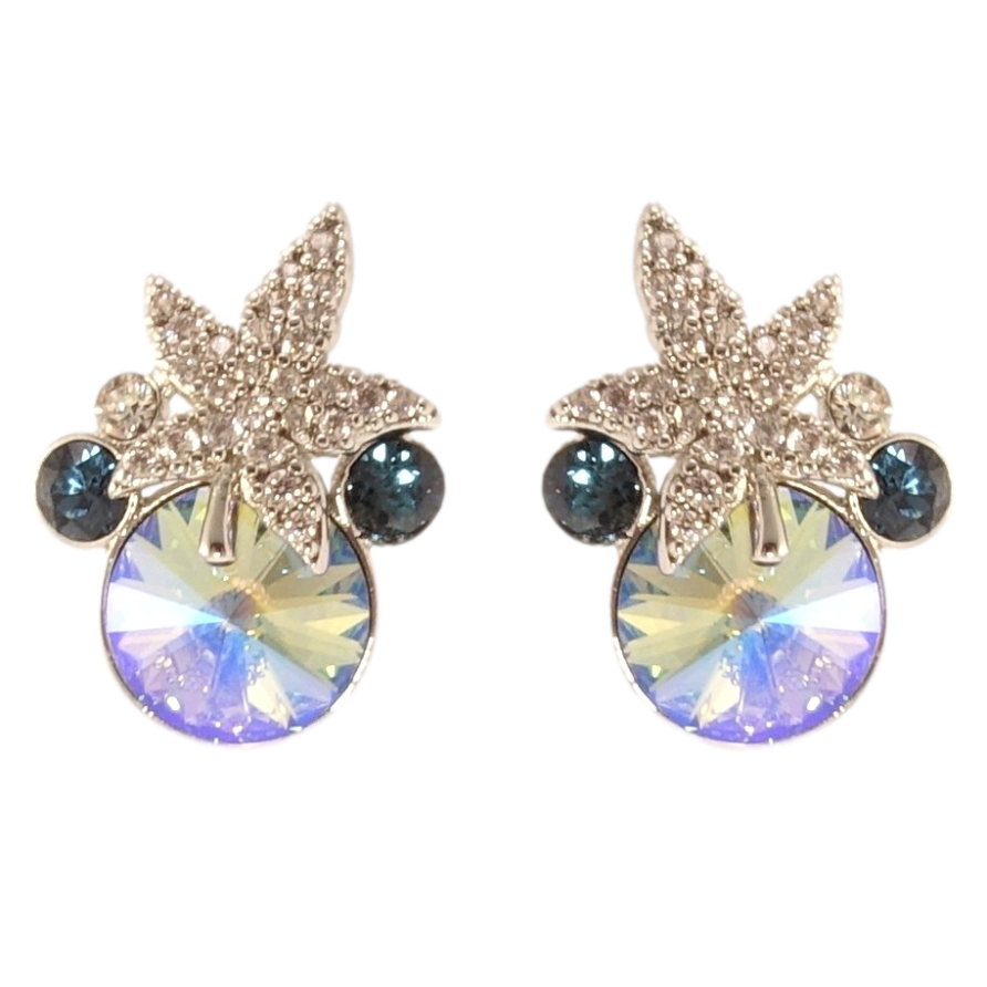 Сережки Xuping колір Родій з кристалами Swarovski пусети Кристали Montana та Luminous Green з листом фото №1