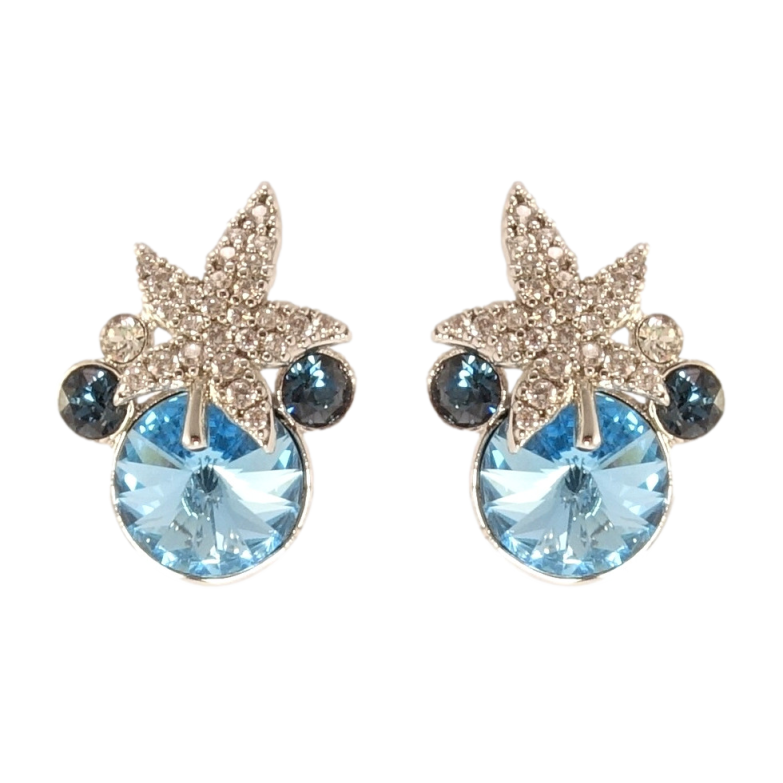 Серьги Xuping цвет Родий с кристаллами Swarovski пусеты Кристаллы Montana и Aquamarine с листом фото №1
