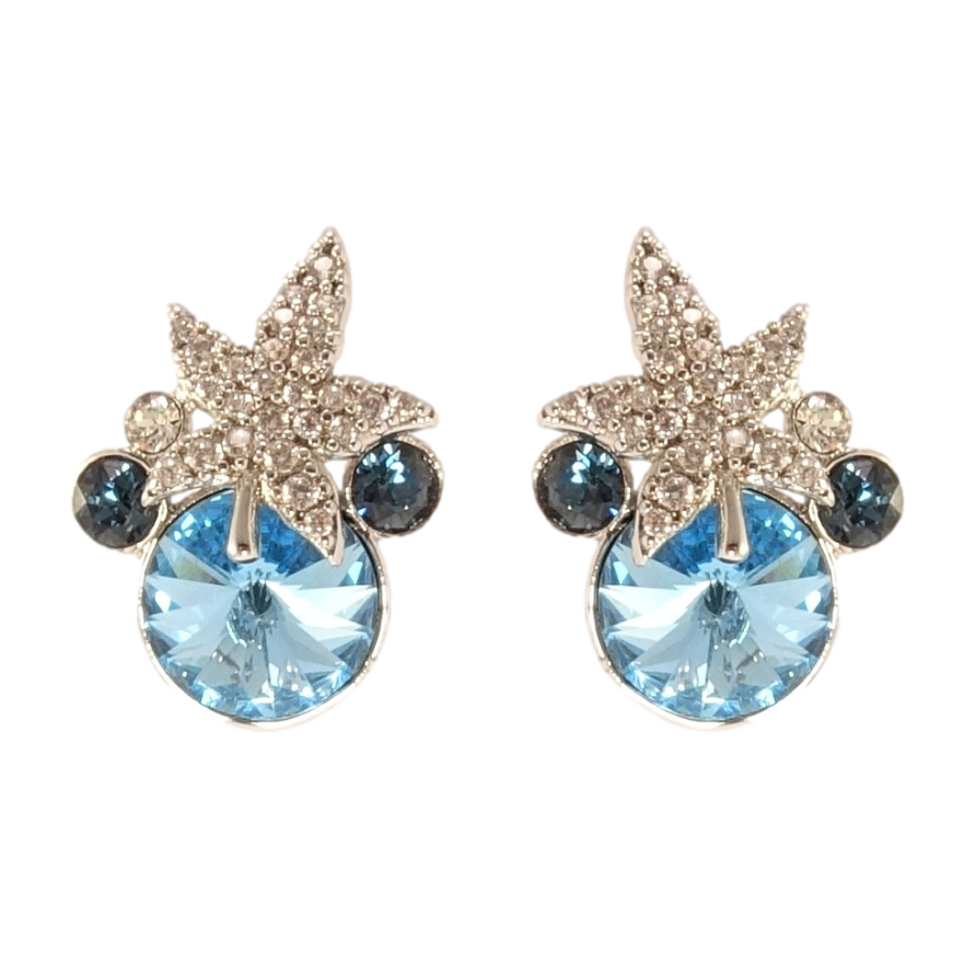 Сережки Xuping колір Родій з кристалами Swarovski пусети Кристали Montana та Aquamarine з листом фото №1