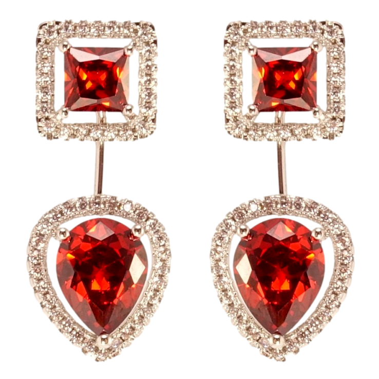 Сережки Xuping QQMM Родій пусети-джекети Червоні кристали в обрамленні цирконію фото №12